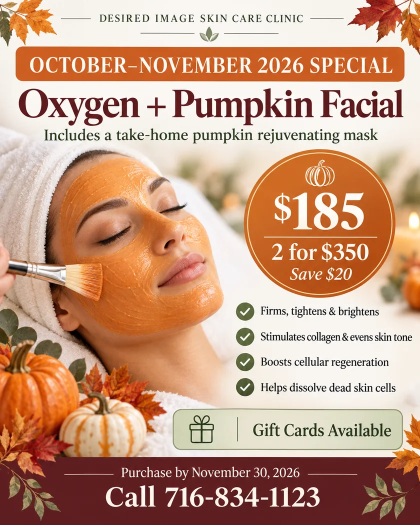October–November 2026 Oxygen and Pumpkin Facial special: $185 or two for $350, including a take-home pumpkin rejuvenating mask. Purchase by November 30, 2026.